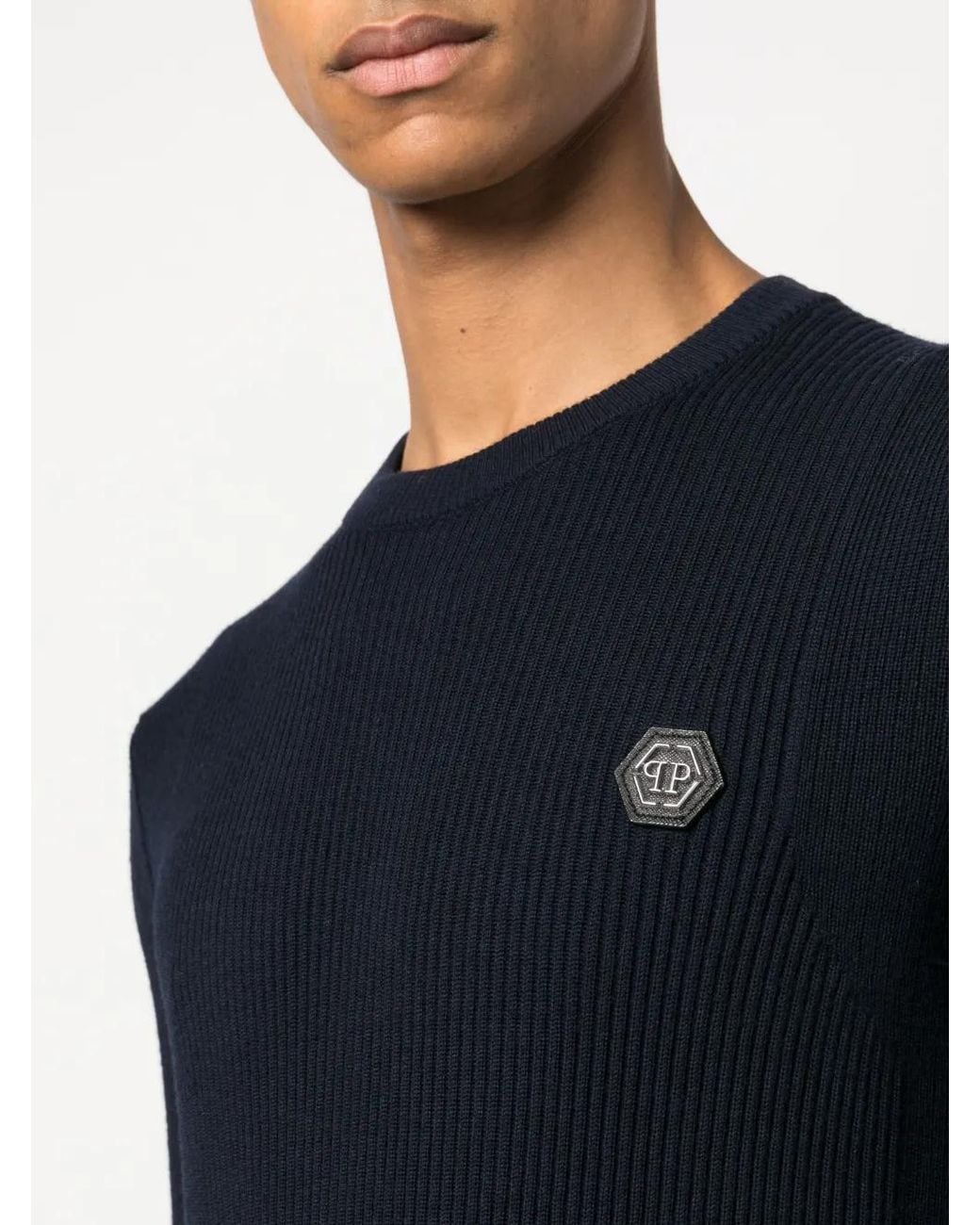 Philipp Plein Blue Skull&Bones Merino Knit Jumper for men