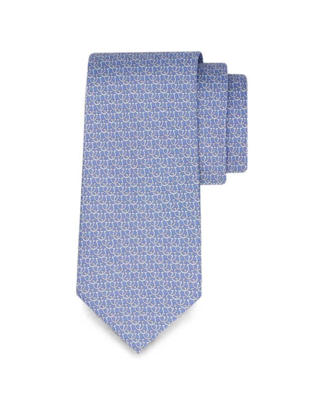 Ferragamo Blue Cravate En Soie À Motif Gancini for men