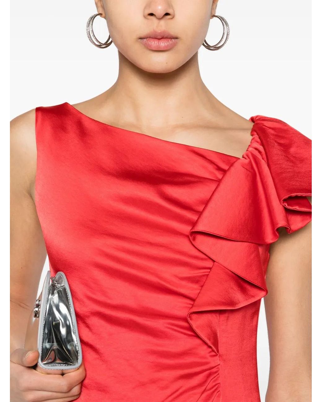 Nissa Red Draped-Detailing Satin Midi Dress