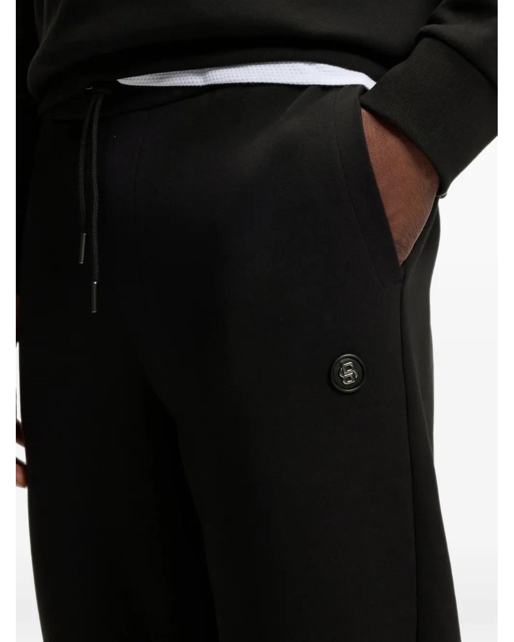 Boss Black Cotton-Blend Track Trousers With Double B Monogram Badge for men