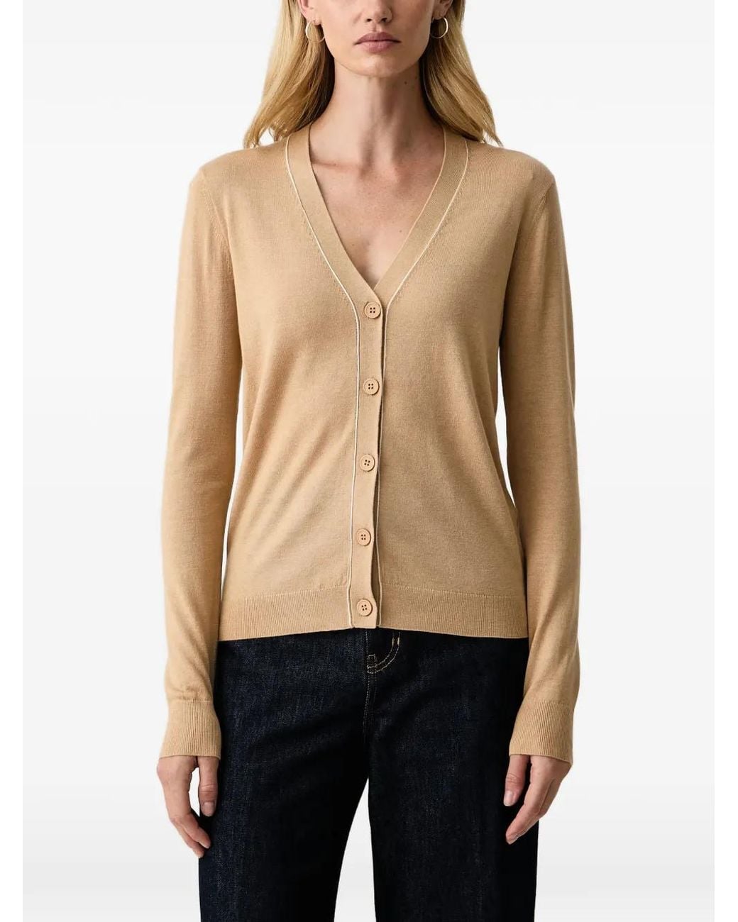 Silvian Heach Natural Piped-Trim V-Neck Cardigan
