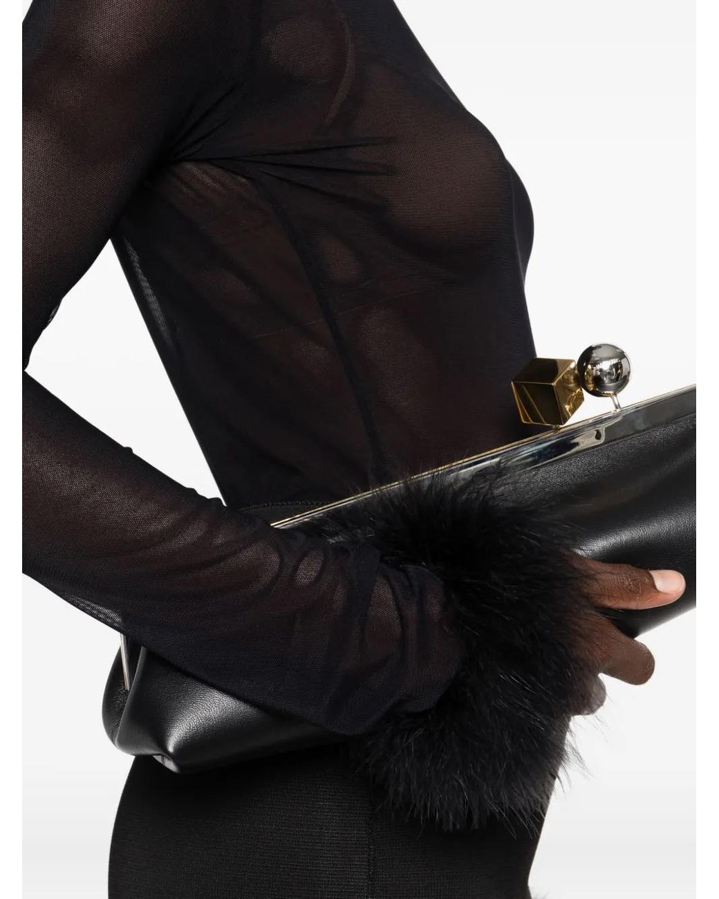 Mugler Black Feather-cuff Mesh Top