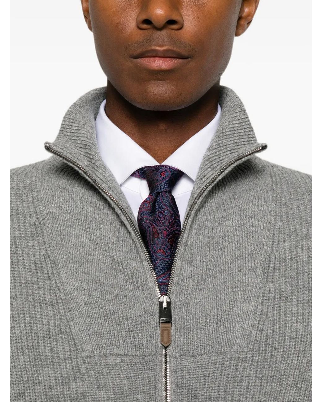 Canali Gray Cardigan Côtelée À Fermeture Zippée for men
