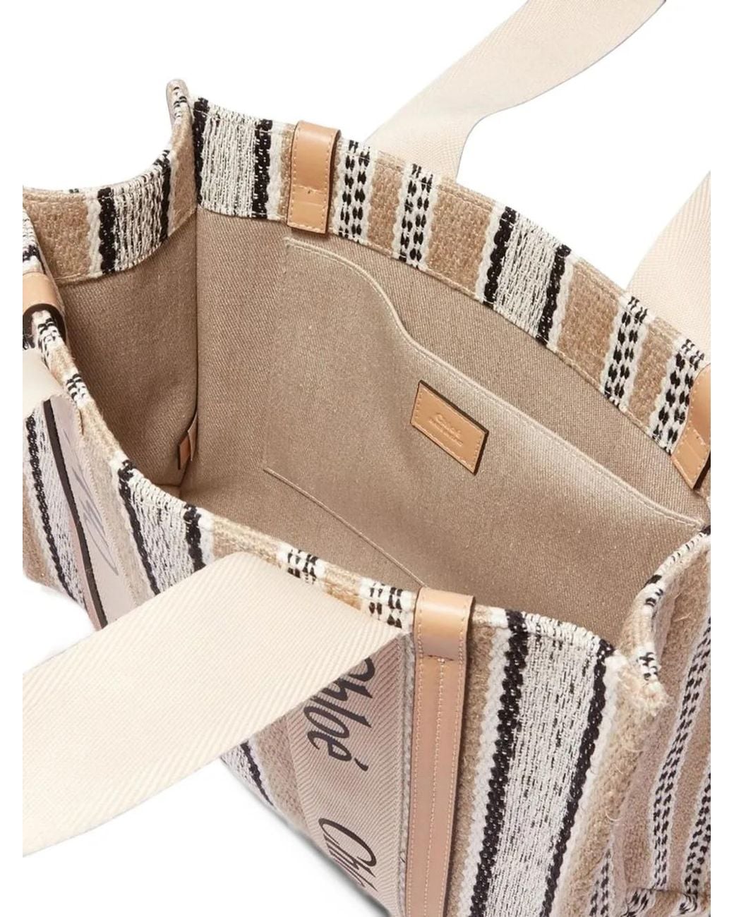 Chloé White Woody Striped Linen Tote Bag