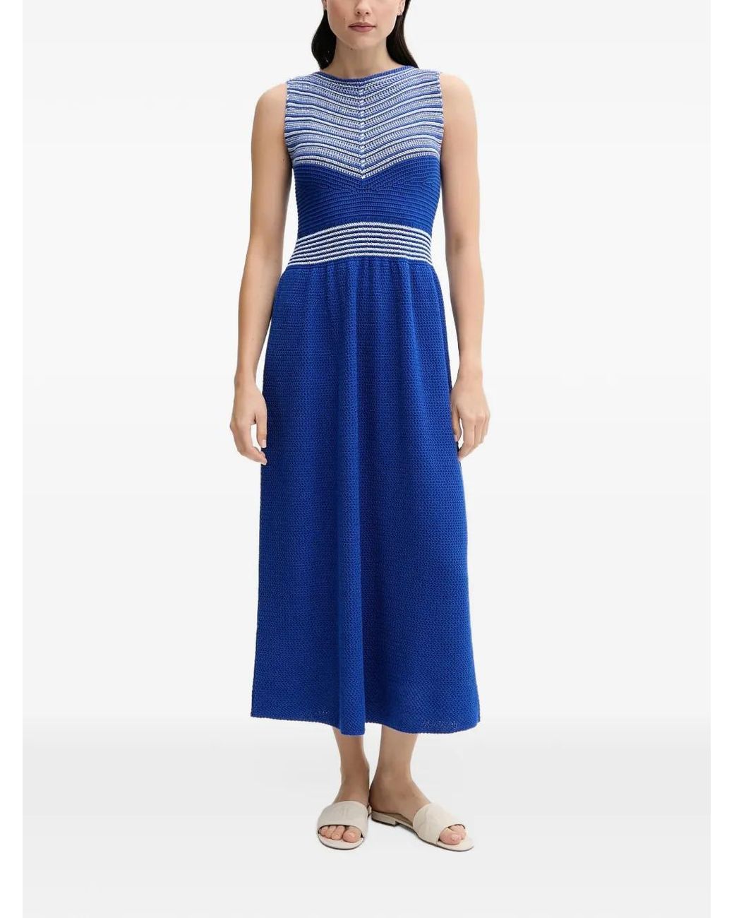 Benetton Blue Robe Mi-Longue En Crochet À Rayures