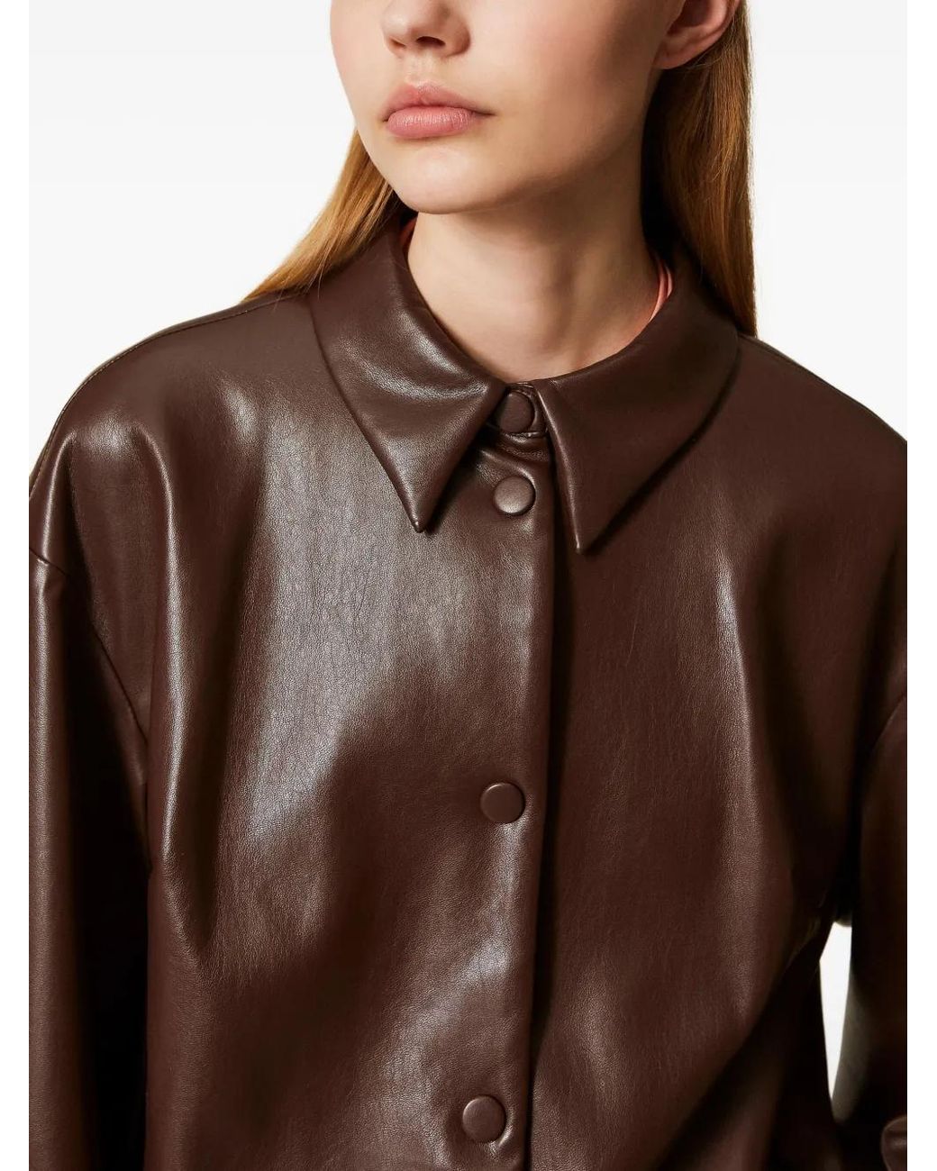 Twinset Brown Shirt-Collar Faux-Leather Bomber Jacket
