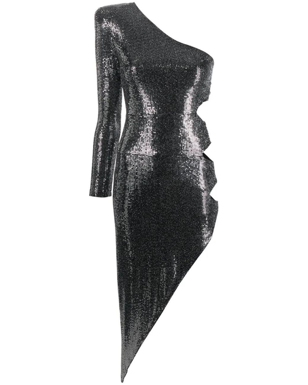 Nissa Black One-Shoulder Sequinned Midi Dress