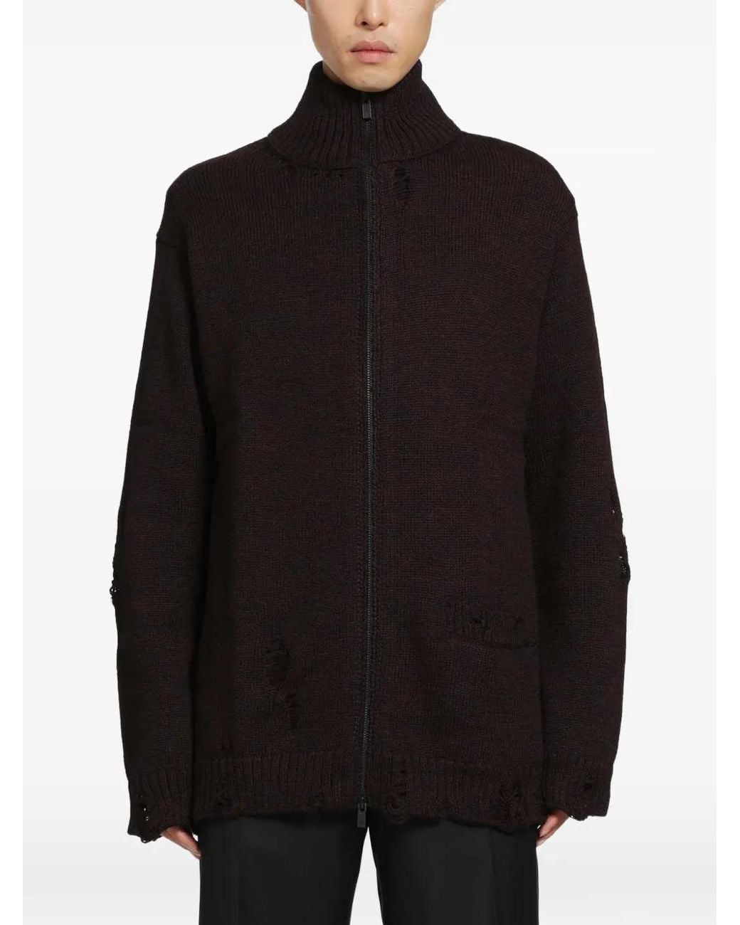 Yohji Yamamoto Black 5G 3Ply Distressed High-Neck Cardigan for men