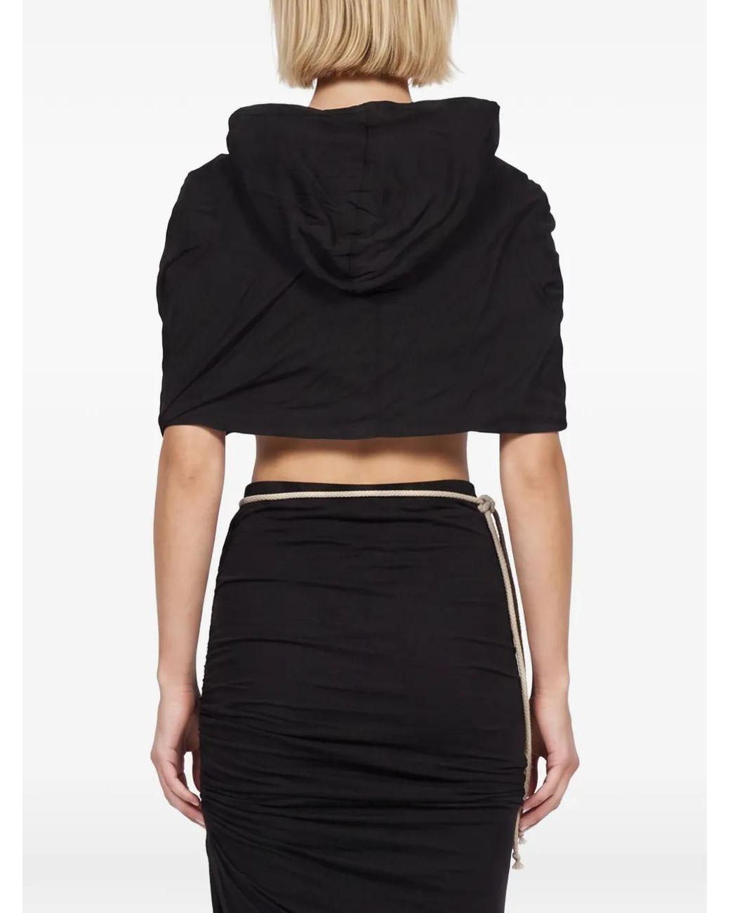 Rick Owens Black Cropped Drawstring Hoodie