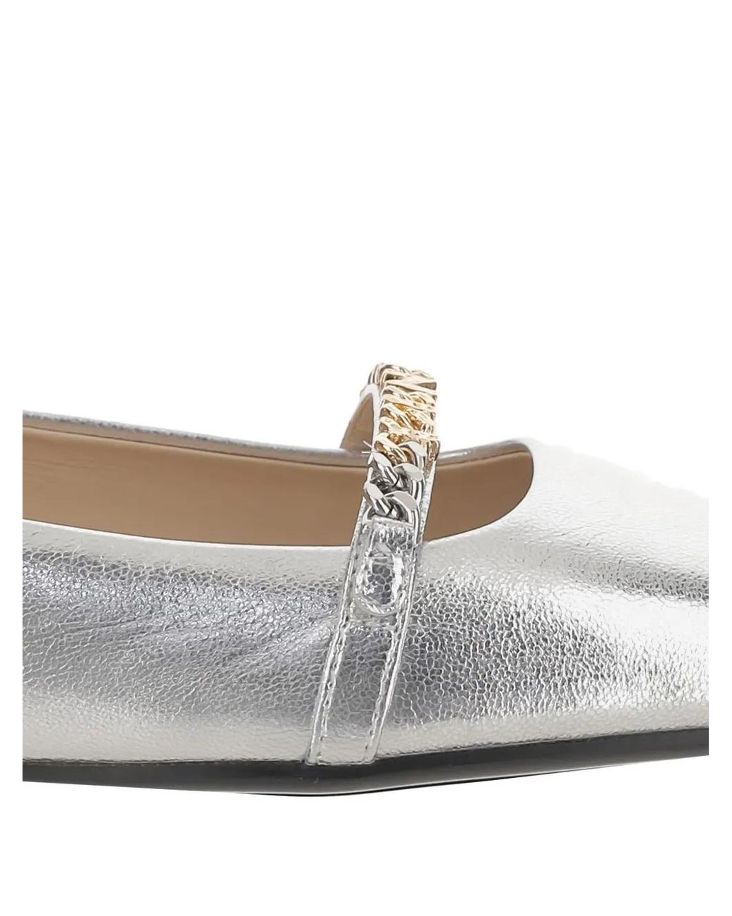 Pinko White Pointed Toe Flats With Metallic Finish And Chain Detail