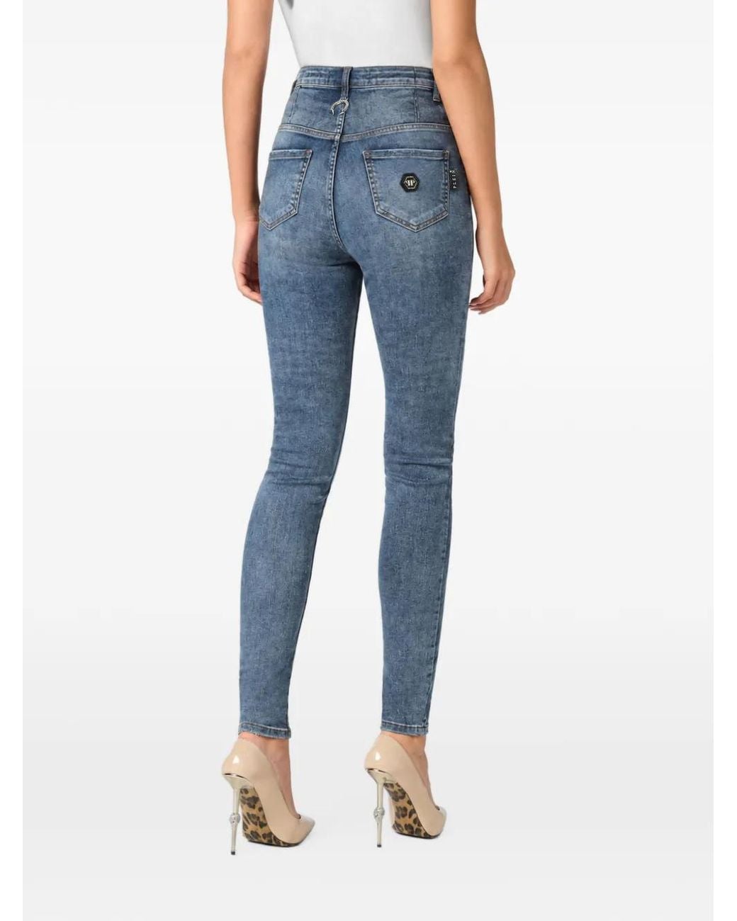 Philipp Plein Blue High-Waisted Logo-Patch Jeans