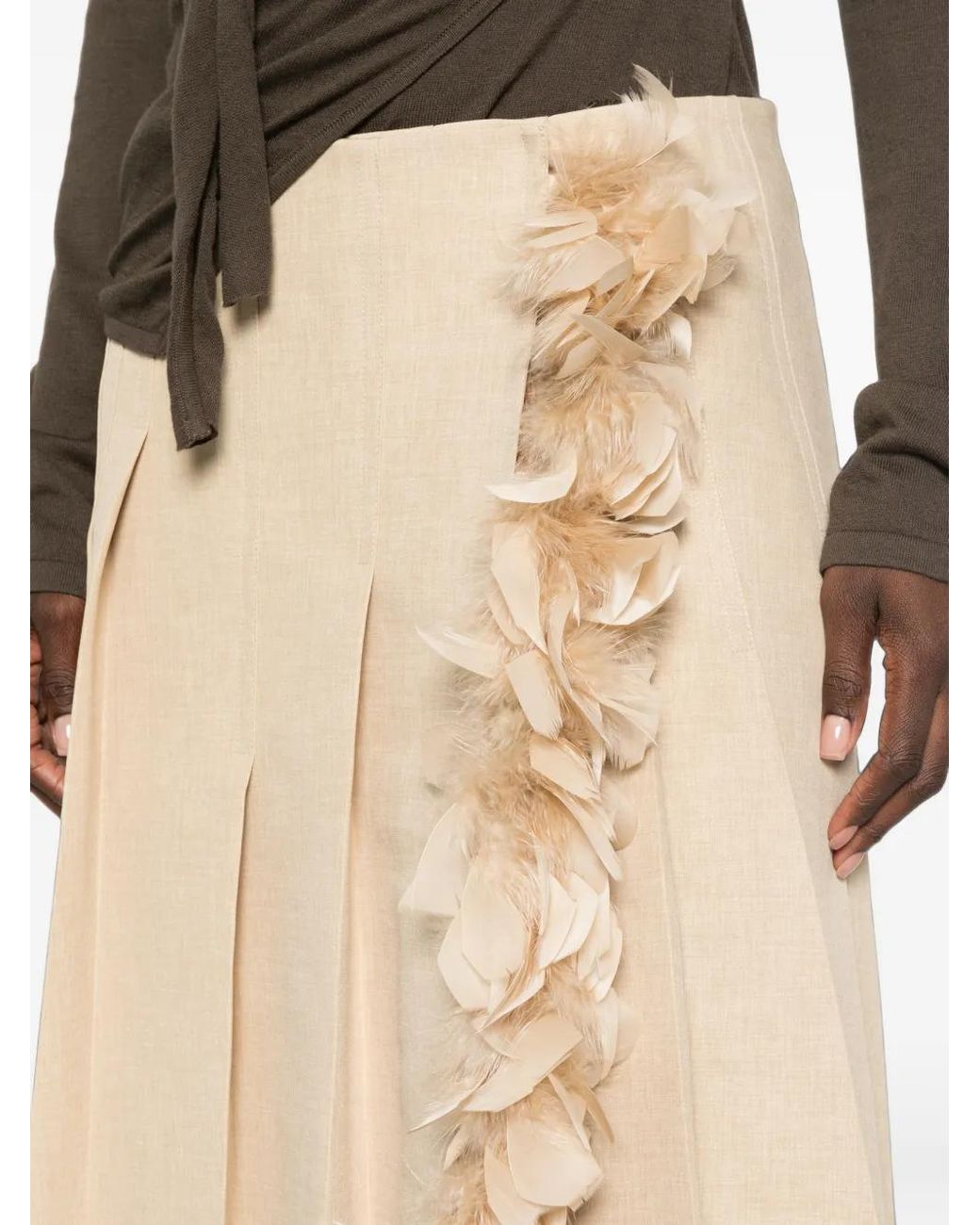Plan C Natural Feather-Trim Pleated Midi Skirt