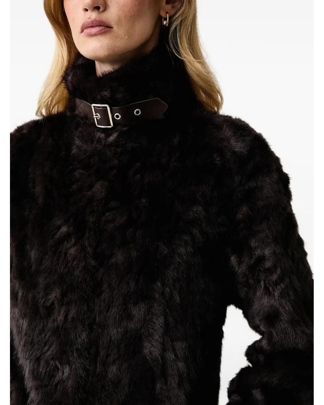 Silvian Heach Black Buckle-Collar Faux-Fur Coat
