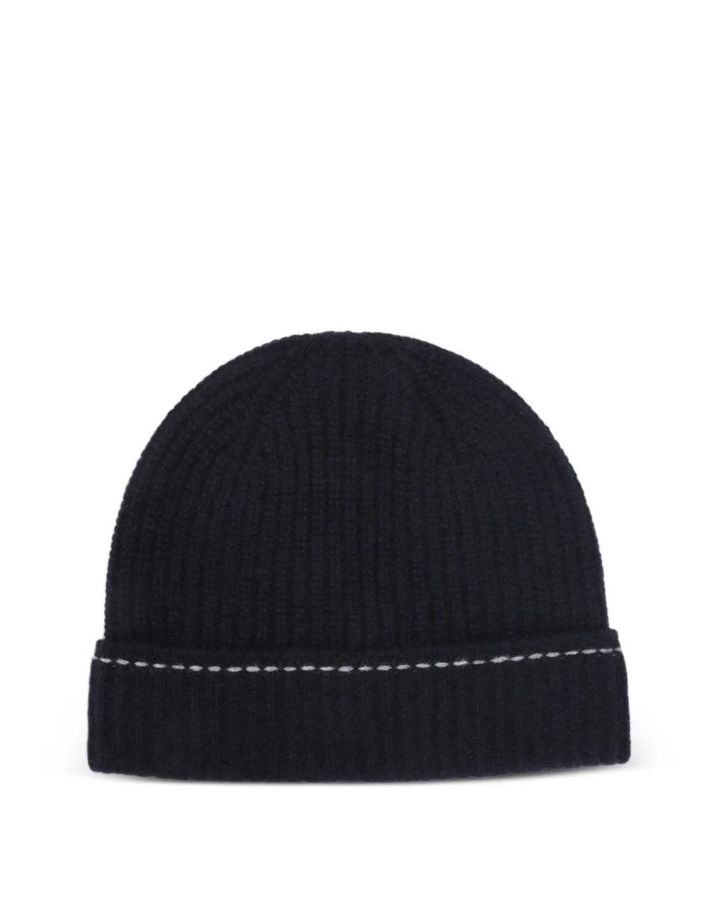 Kiton Blue Ribbed-Knit Contrast-Stitch Beanie Hat for men