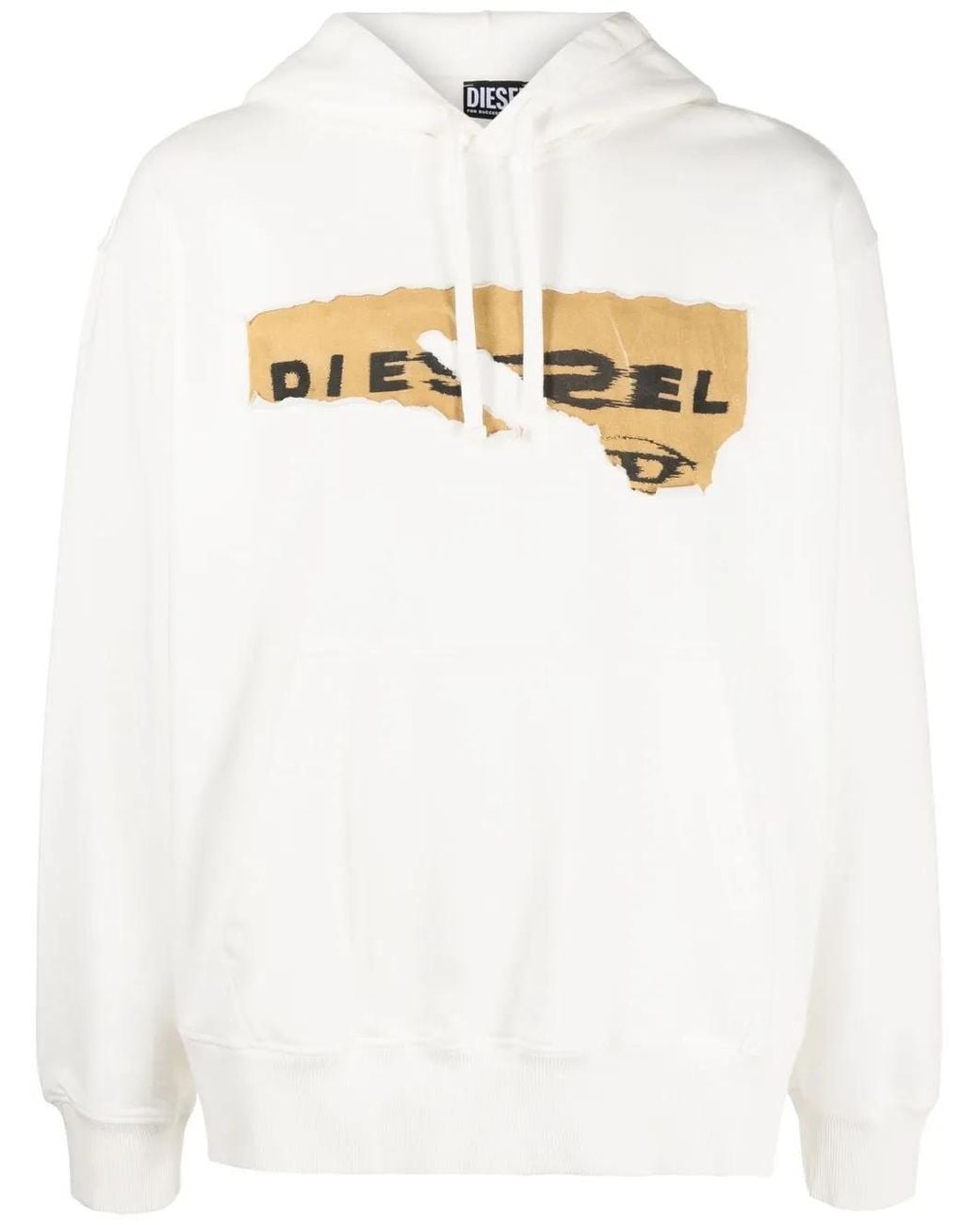 DIESEL White Ripped Logo Print Hoodie for men