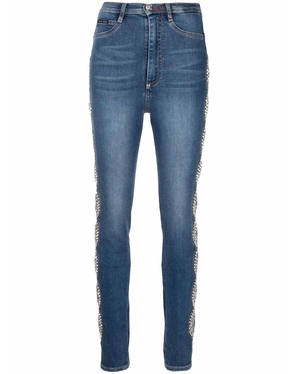 Philipp Plein Blue Crystal-Cable High-Waist Jeggings