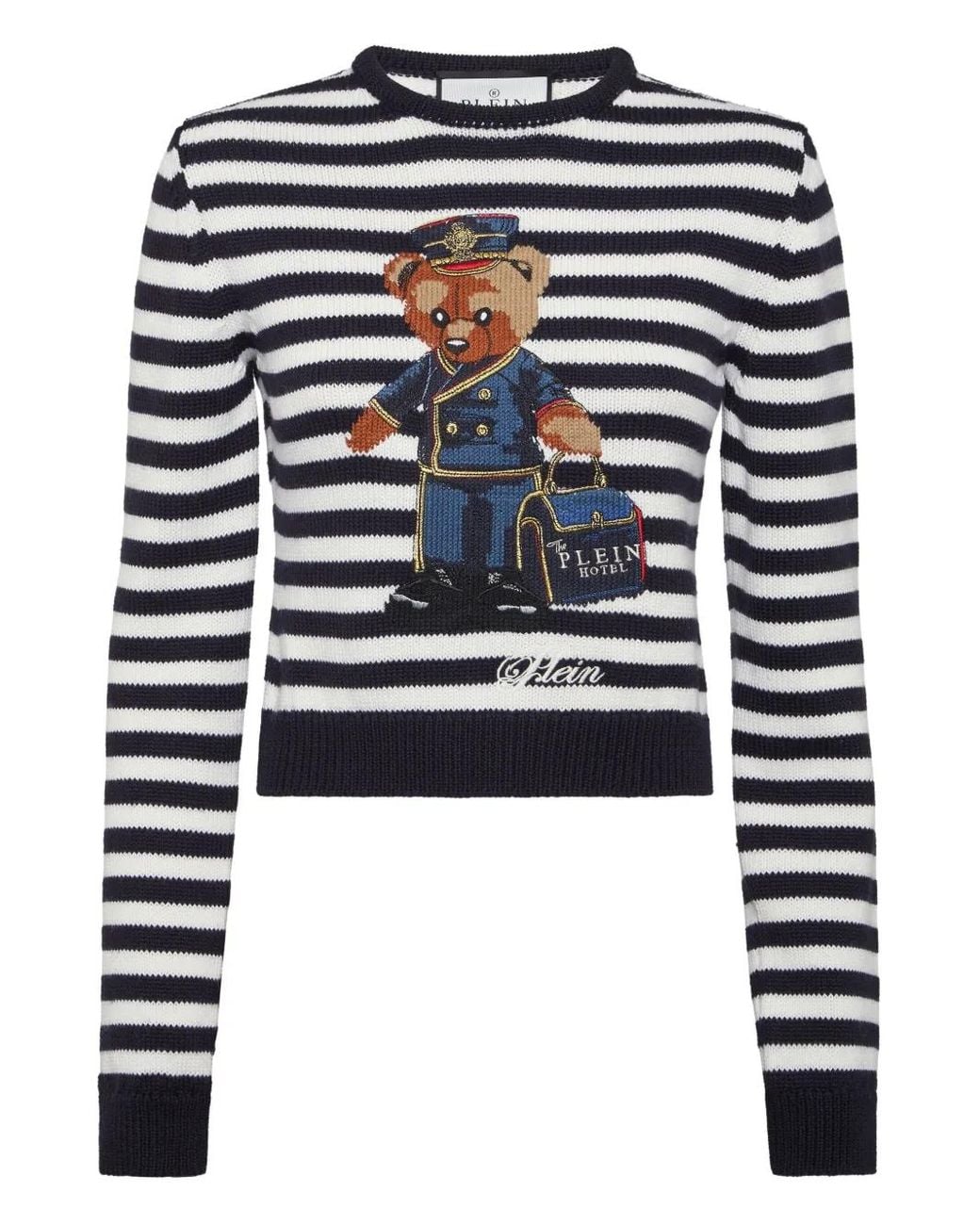 Philipp Plein Blue Striped Round Neck Pullover Teddy Doorman