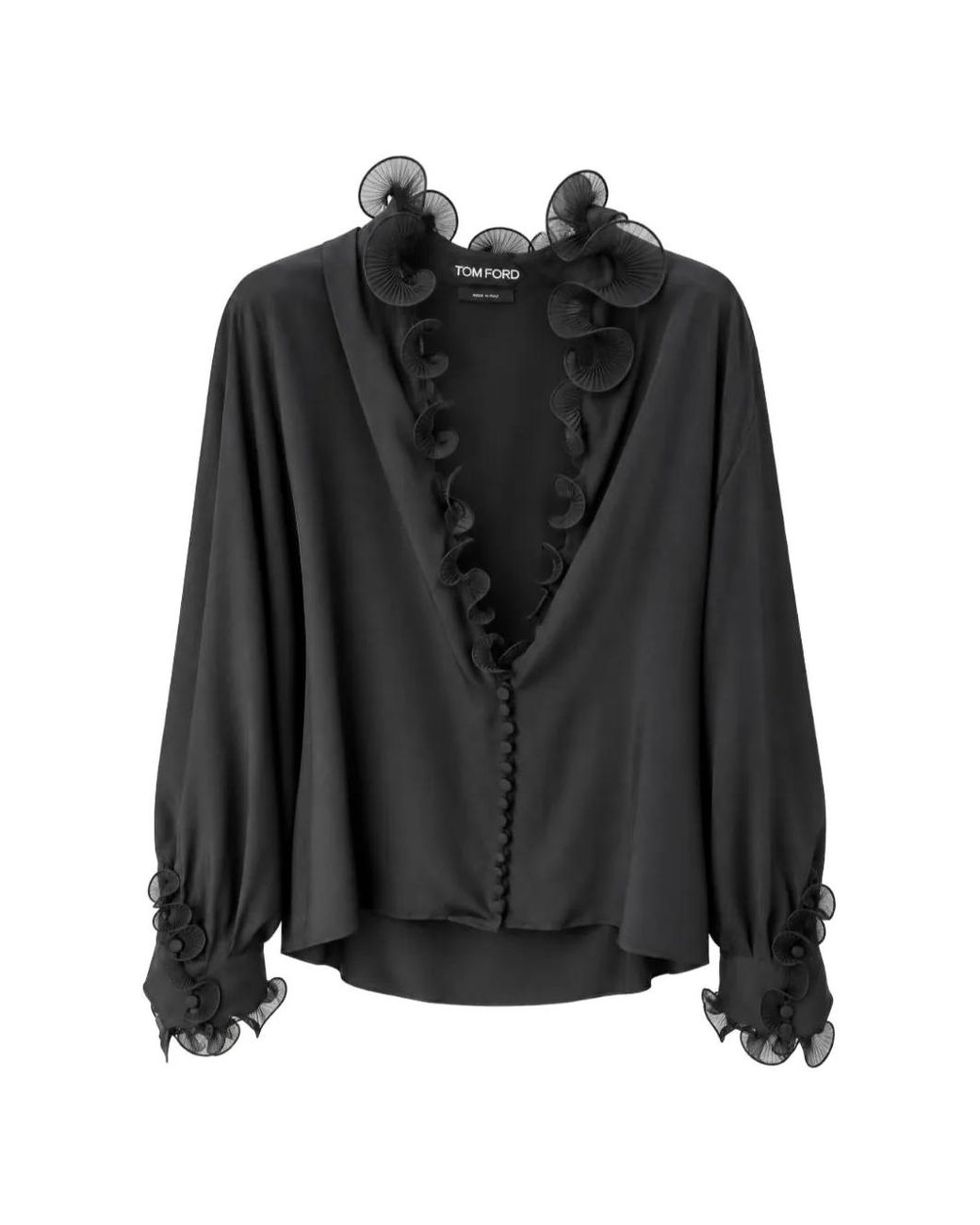 Tom Ford Black Ruffle-Trimmed Silk Blouse