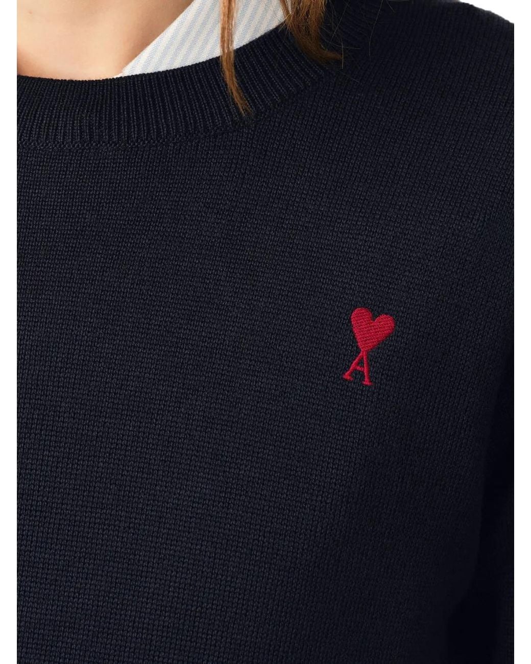 AMI Blue Wool Crewneck Sweater With Contrasted Ami De Coeur