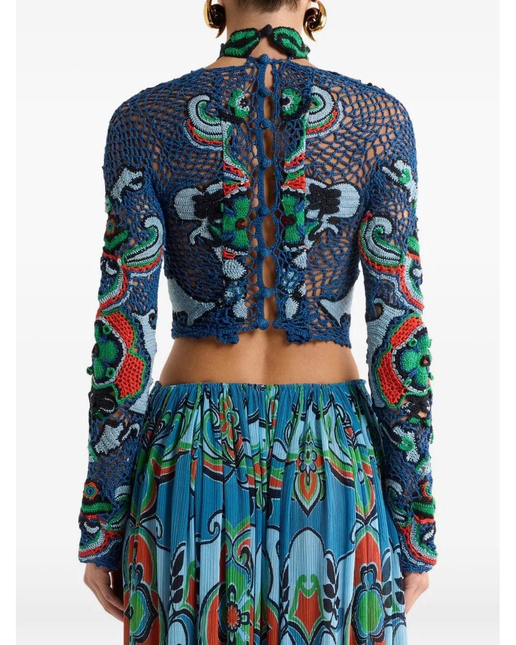 Etro Blue Cropped Cotton Sweater With Crochet-Effect Floral Motif