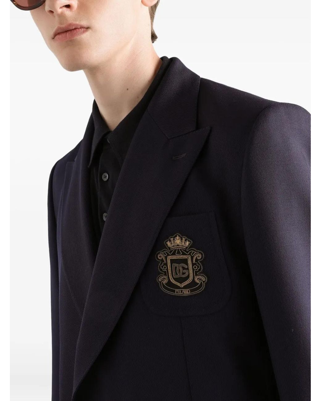 Dolce & Gabbana Blue Double-Breasted Crest-Appliqué Blazer for men