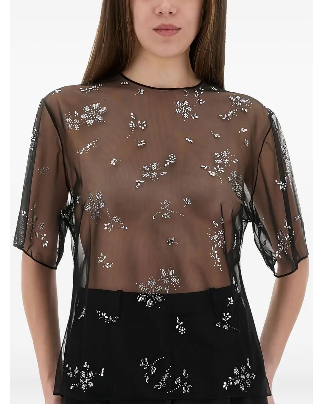 Rabanne Brown Crystal-Embellished Sheer Top