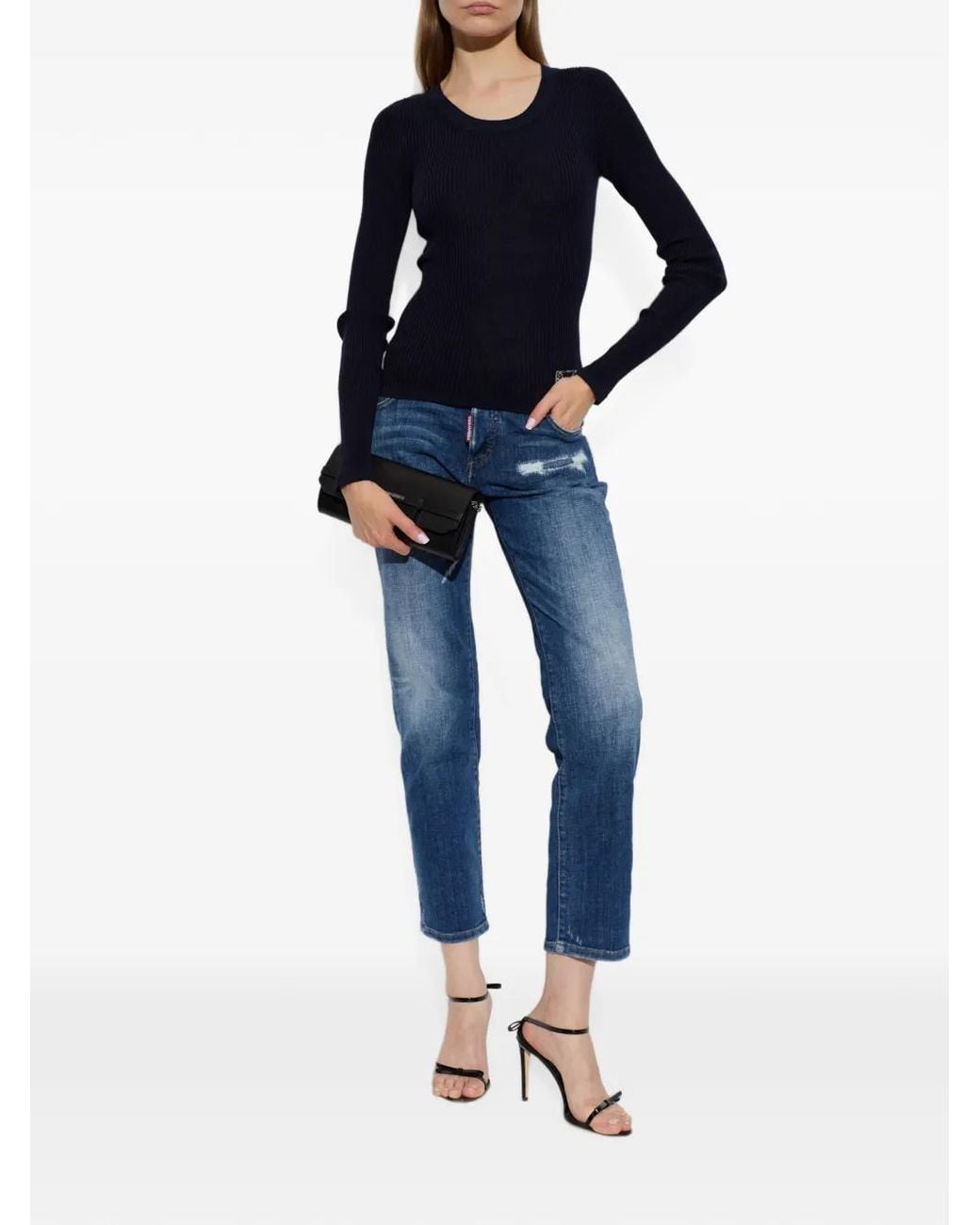 DSquared² Blue Ribbed-Knit Logo-Patch Sweater