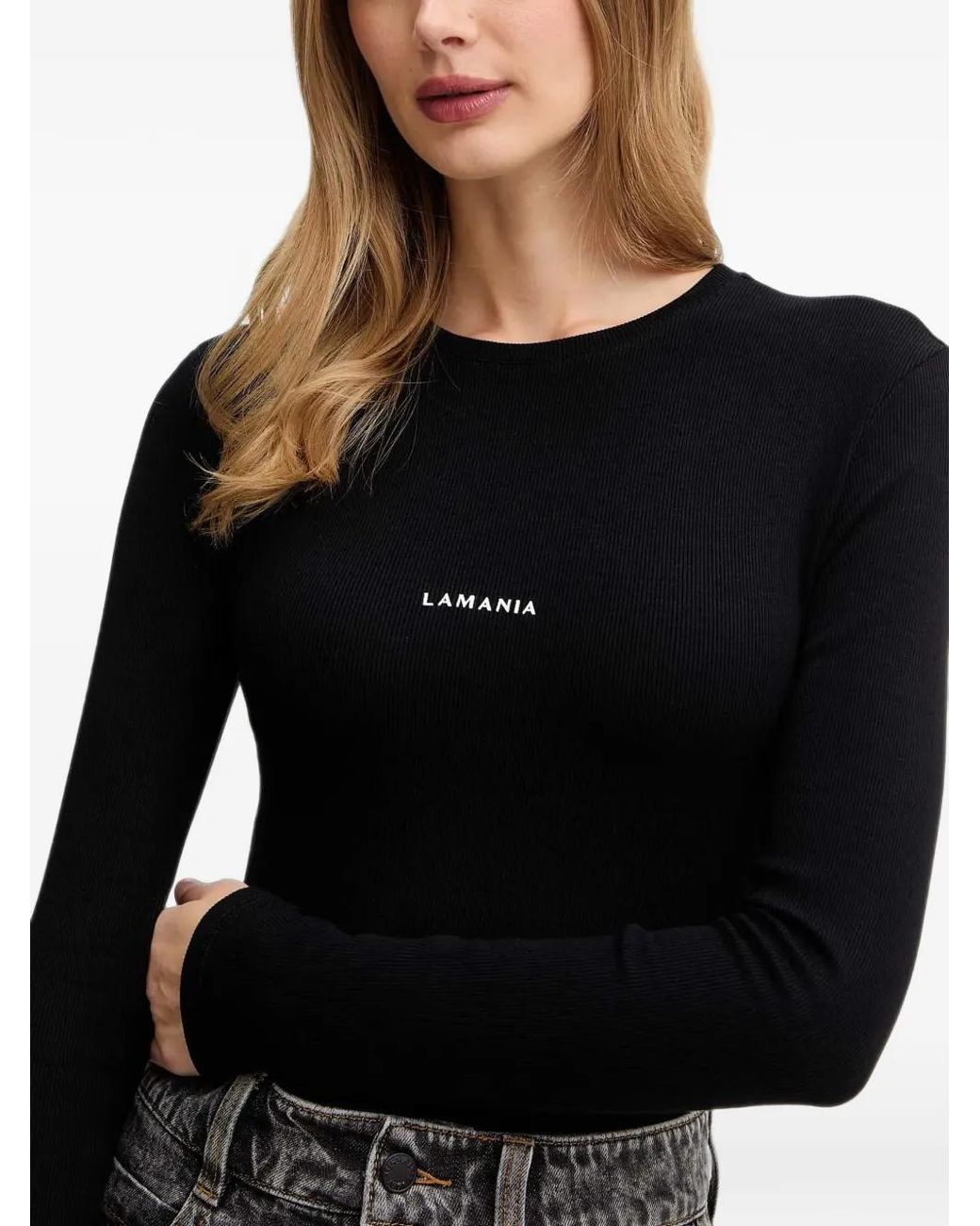 La Mania Black Gin Ribbed-Knit Logo-Print Top