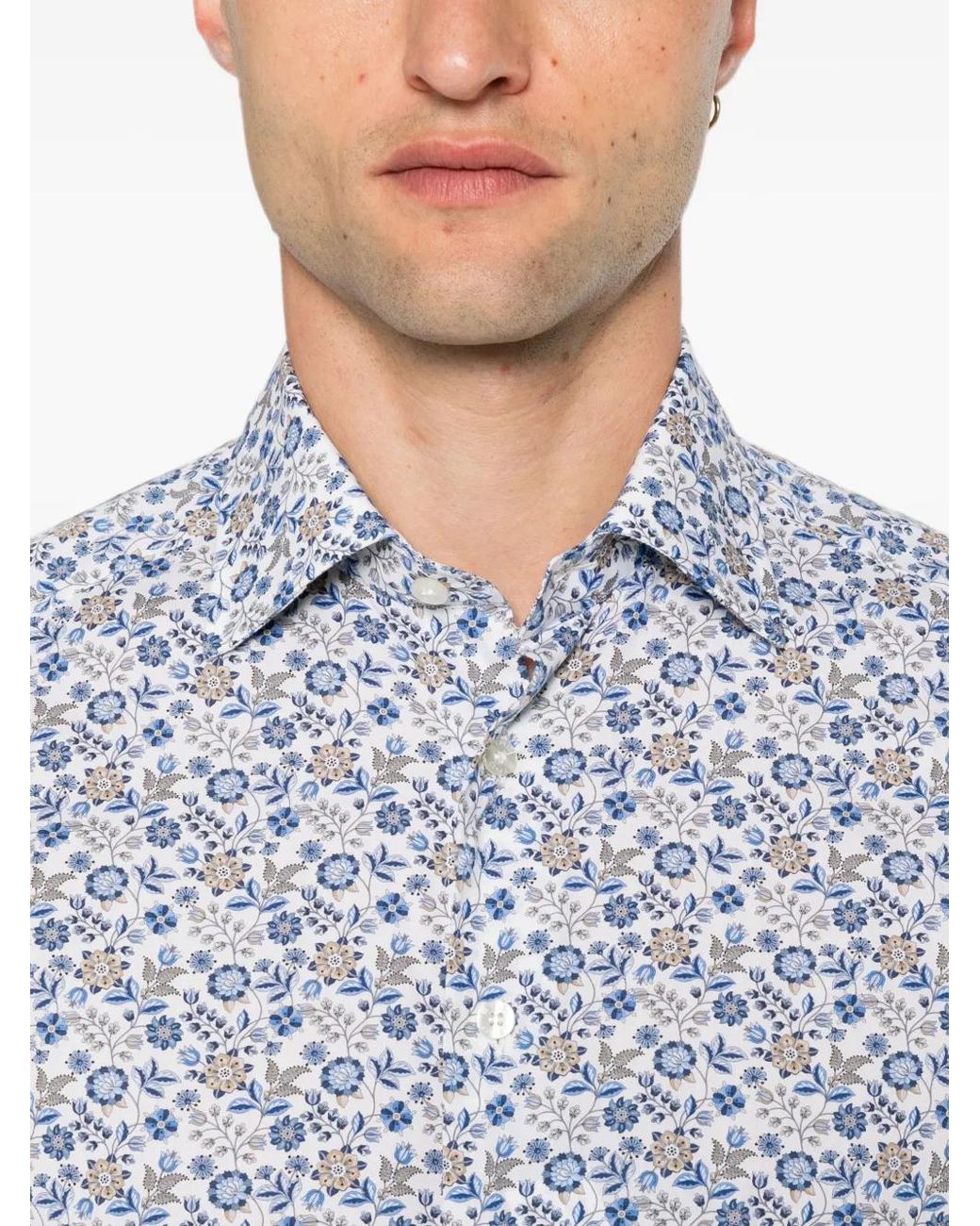 Etro Blue Floral-Print Long-Sleeve Shirt for men