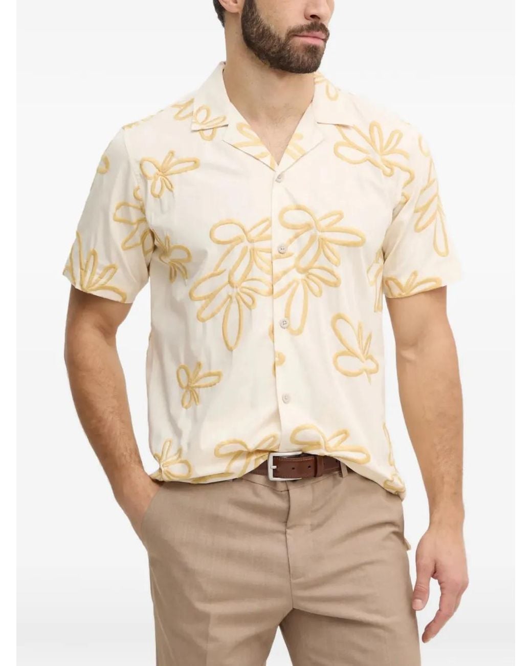 Lindbergh Natural Embroidered Short-Sleeve Shirt for men