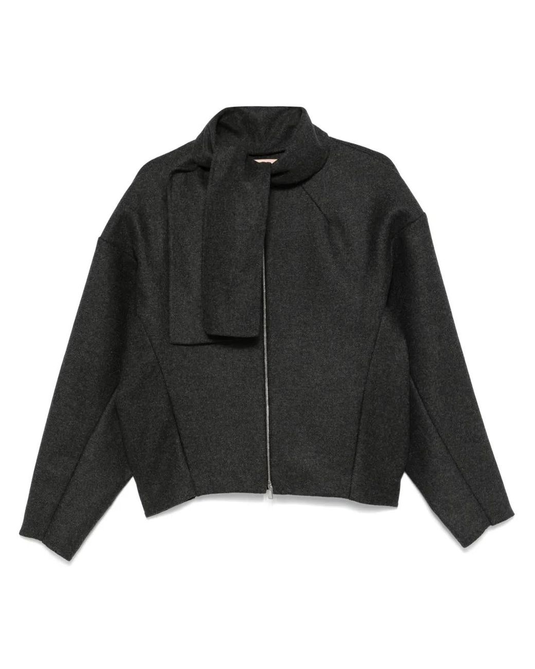 Plan C Black Felted Wool-Blend Jacket with Attached Scarf