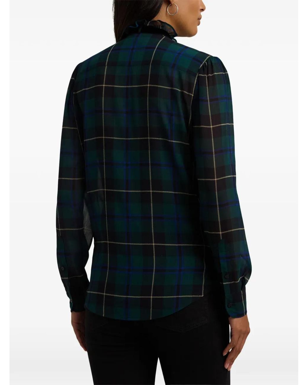 Ralph Lauren Blue Ruffled-Neck Plaid Shirt