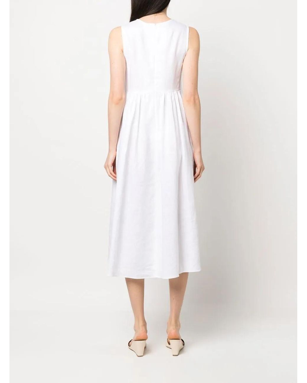 Blanca Vita White Pleated Sleeveless Linen Midi Dress
