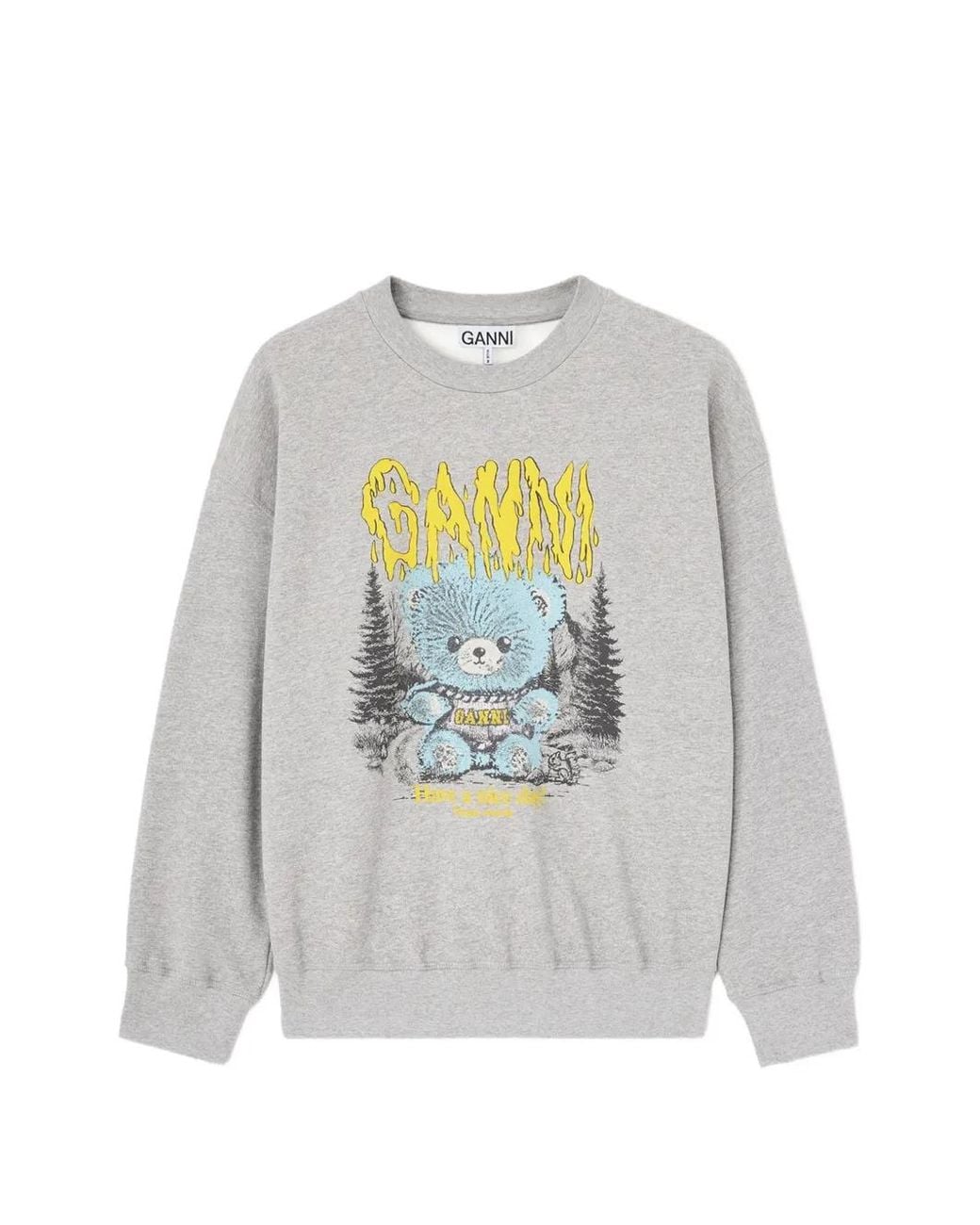 Ganni White Crewneck Sweatshirt With Forest Teddy