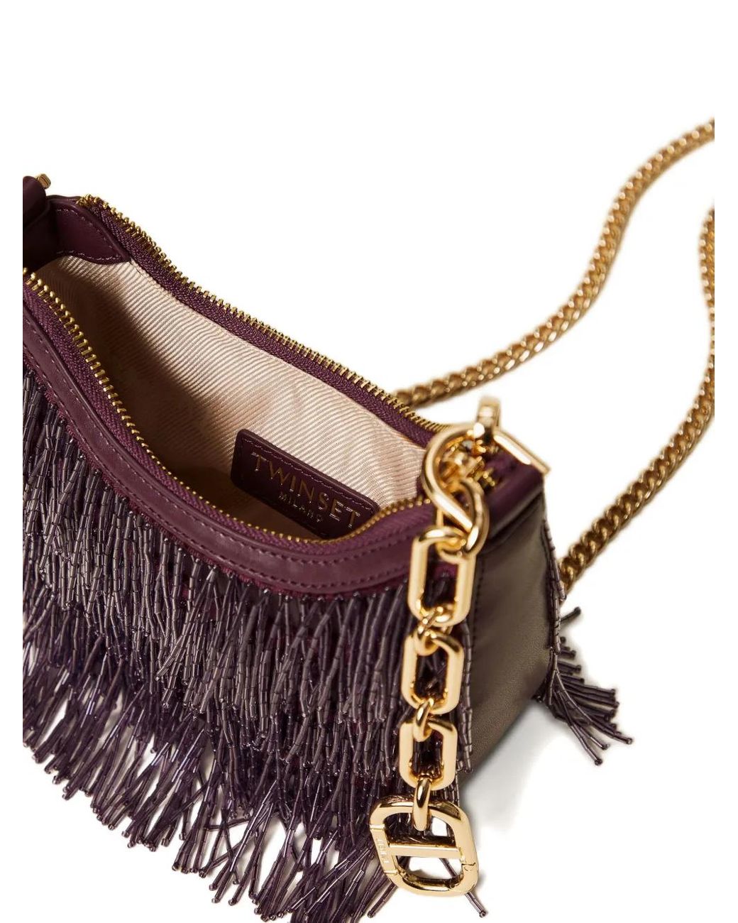Twinset Purple Coissant Fringe Chain Shoulder Bag