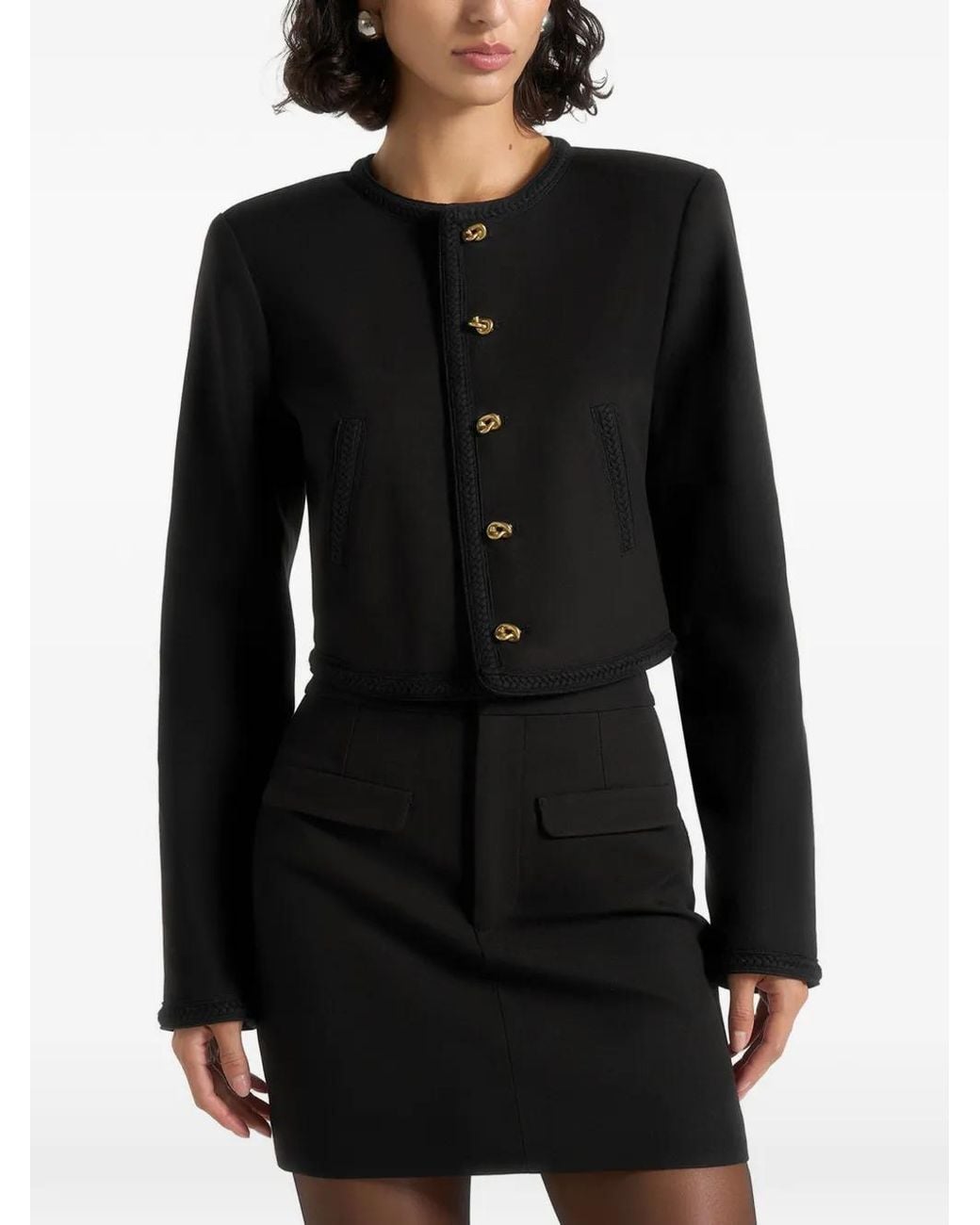 Manière De Voir Black Madeline Cropped Tailored Jacket With Braided Trim