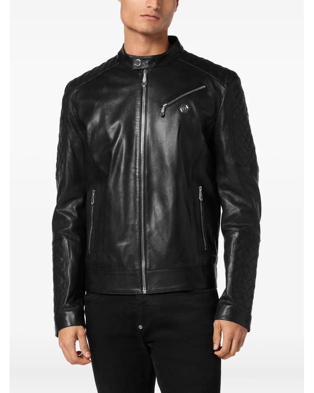 Philipp Plein Black Padded Leather Moto Bomber for men