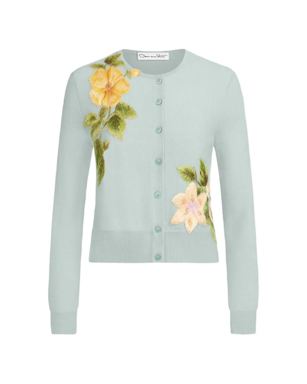 Oscar de la Renta Blue Chiné Dominican Mixed-Floral Threadwork Cardigan