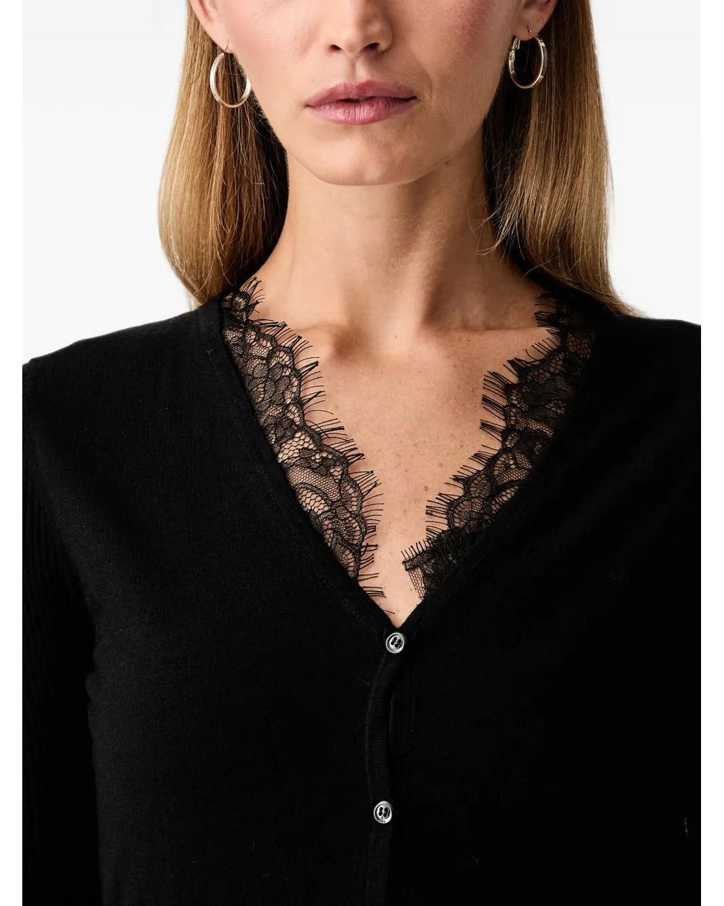Pinko Black Lace-Trim Ribbed-Knit Wool Cardigan