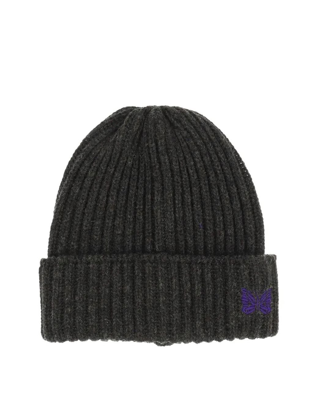 Needles Black Butterfly-Embroidered Wool Beanie Hat for men