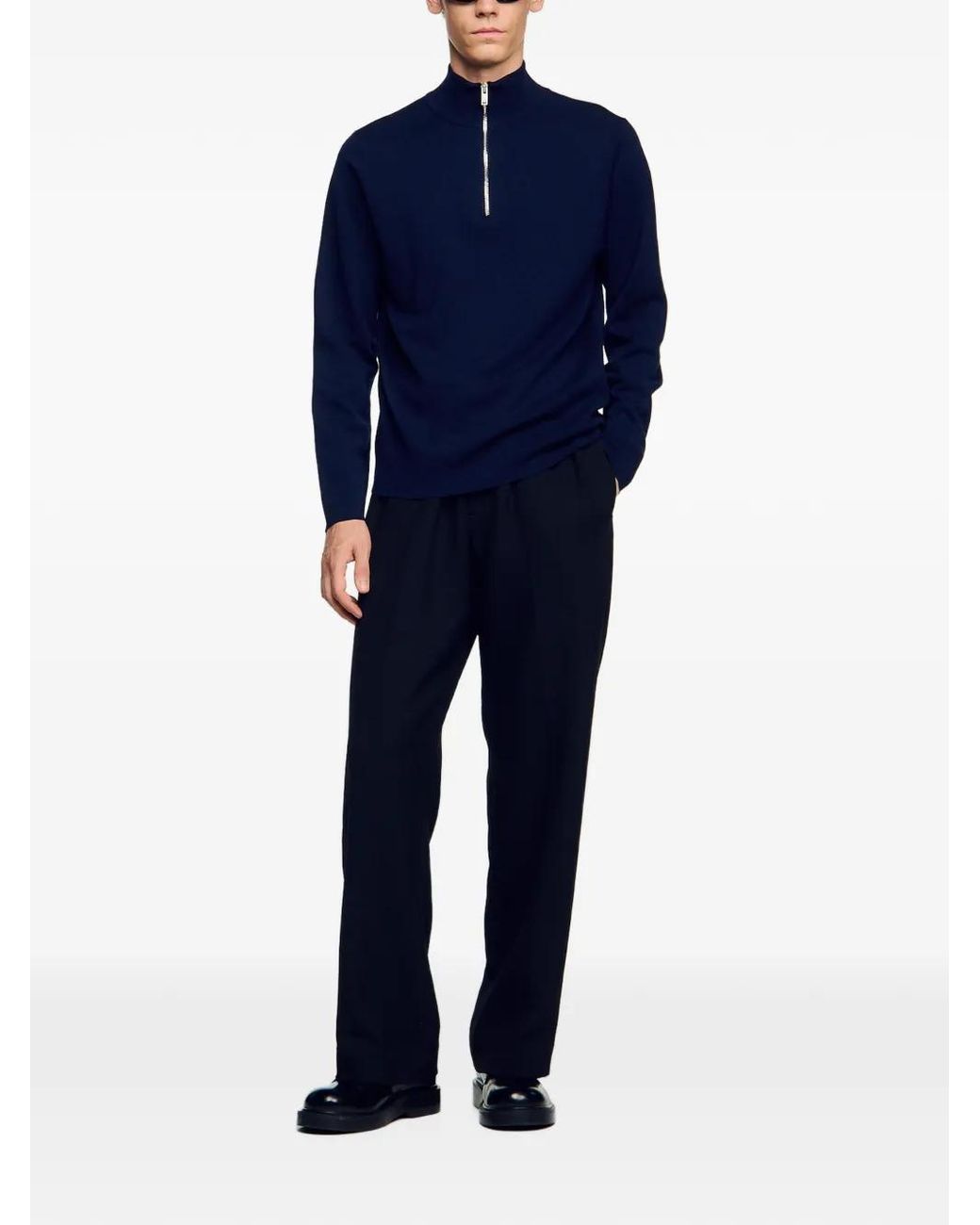 Sandro Blue Wool Sweater With Zipped Collar for men