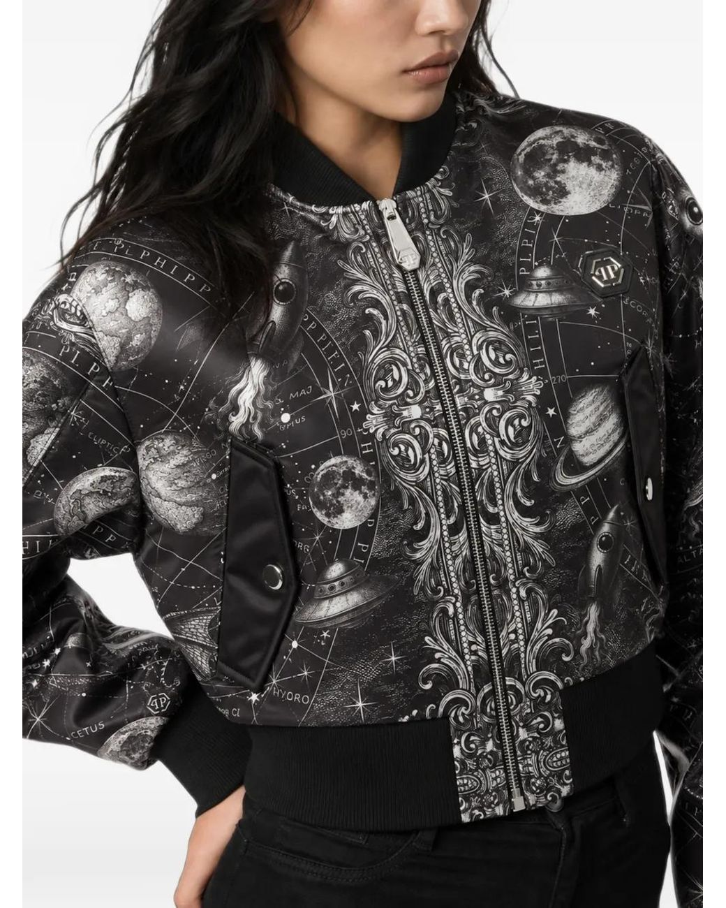 Philipp Plein Black Regular-Fit Satin Bomber Zodiac