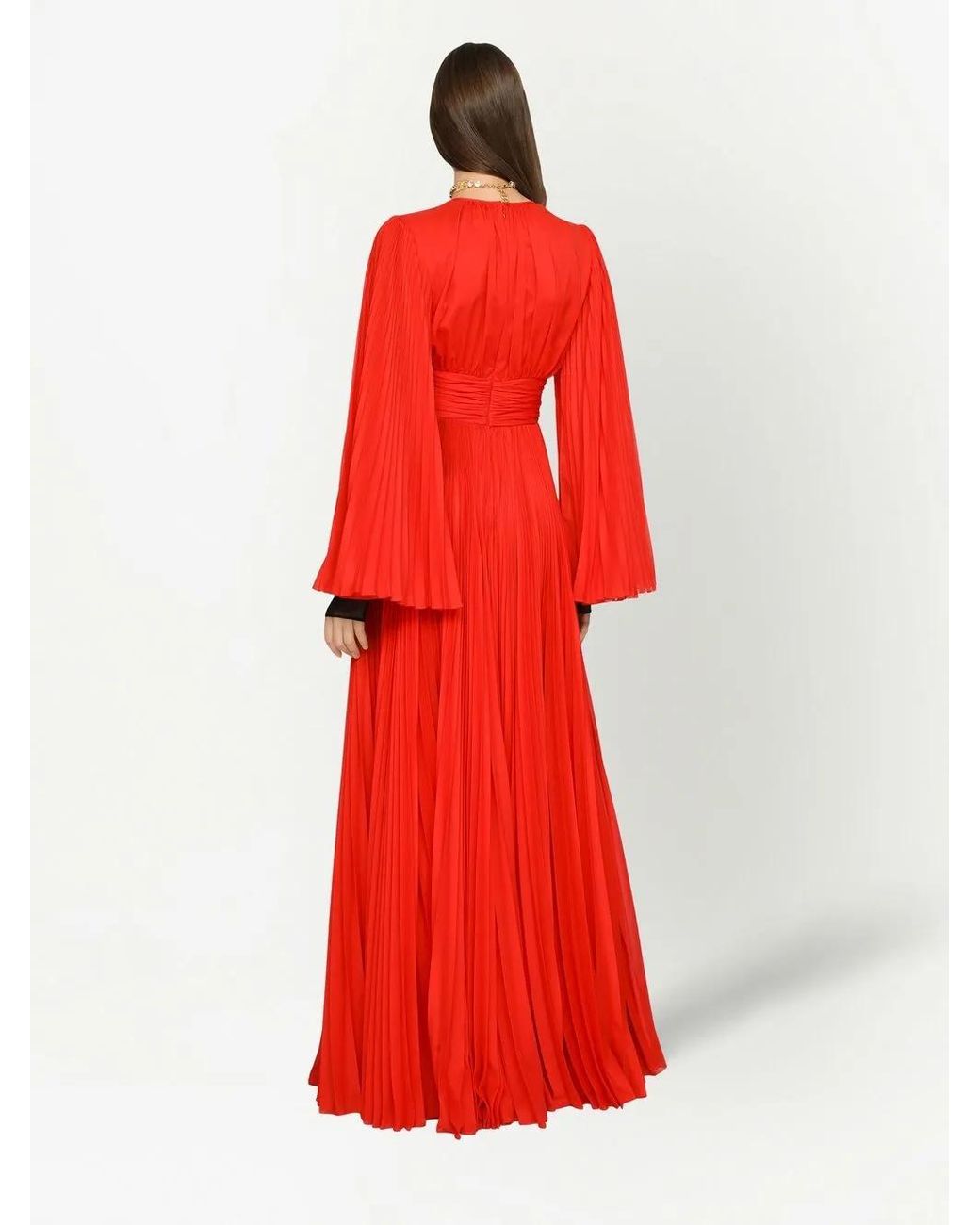 Dolce & Gabbana Red Slit-Sleeved Pleated Gown