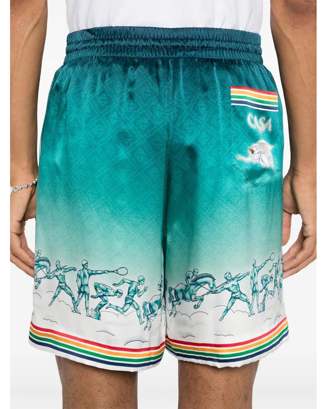 Casablanca Green Silk Satin Bermuda Shorts With Stadium Goddess Print for men