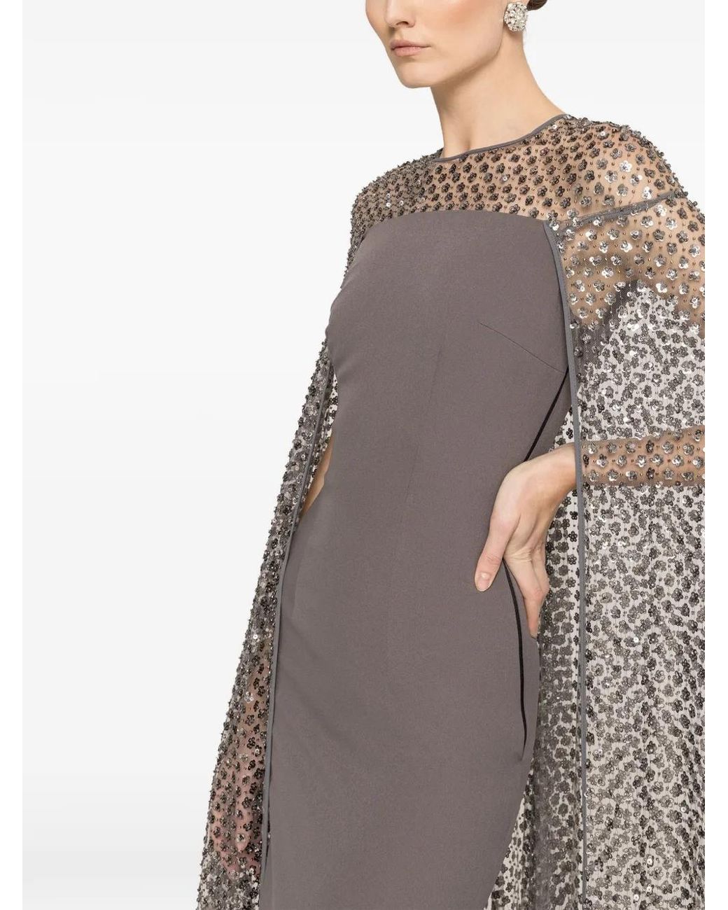 Nissa Gray Sequined Cape Maxi Dress