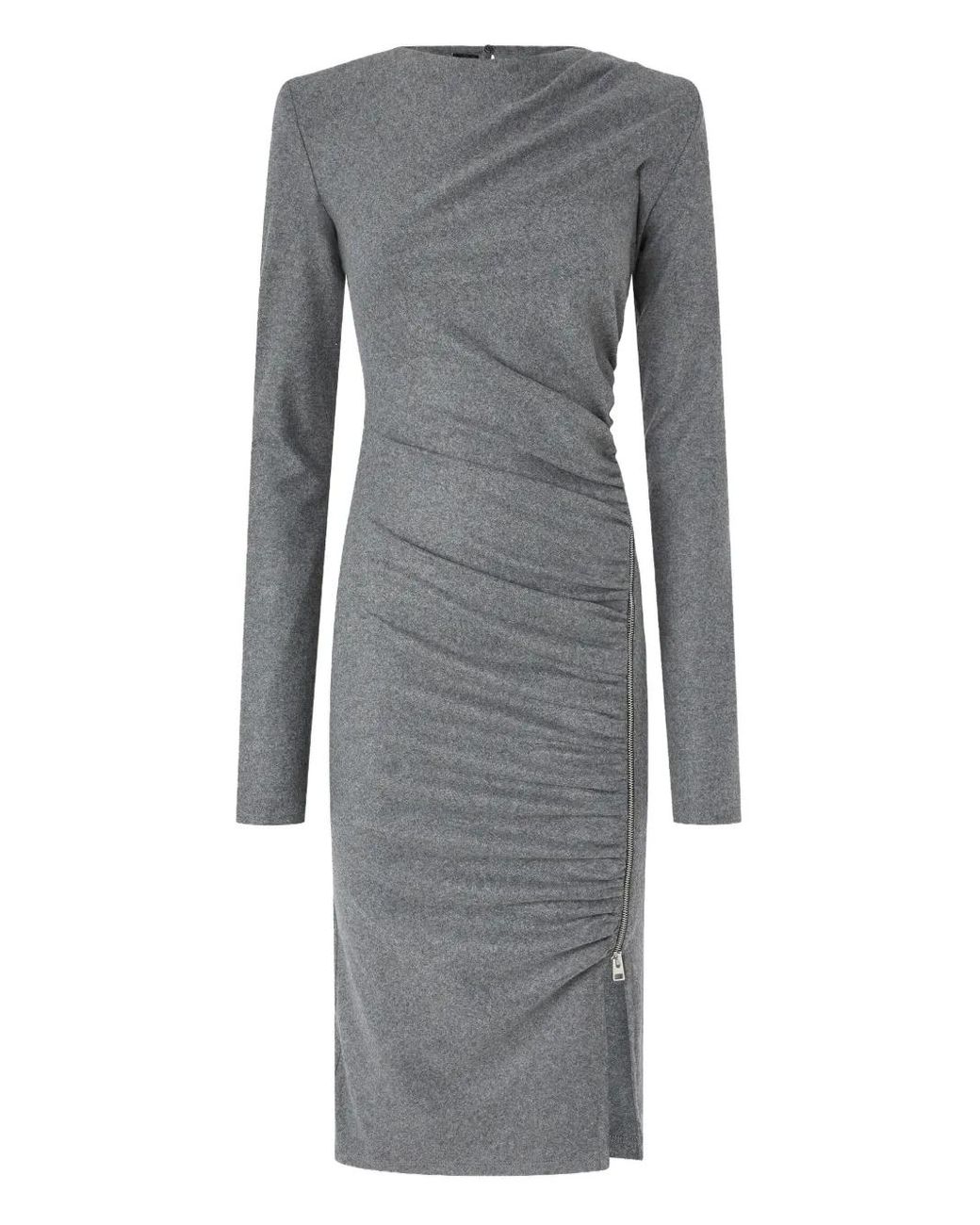 Pinko Gray Fitted Midi Dress With Asymmetrical Neckline And Ruched Detailing