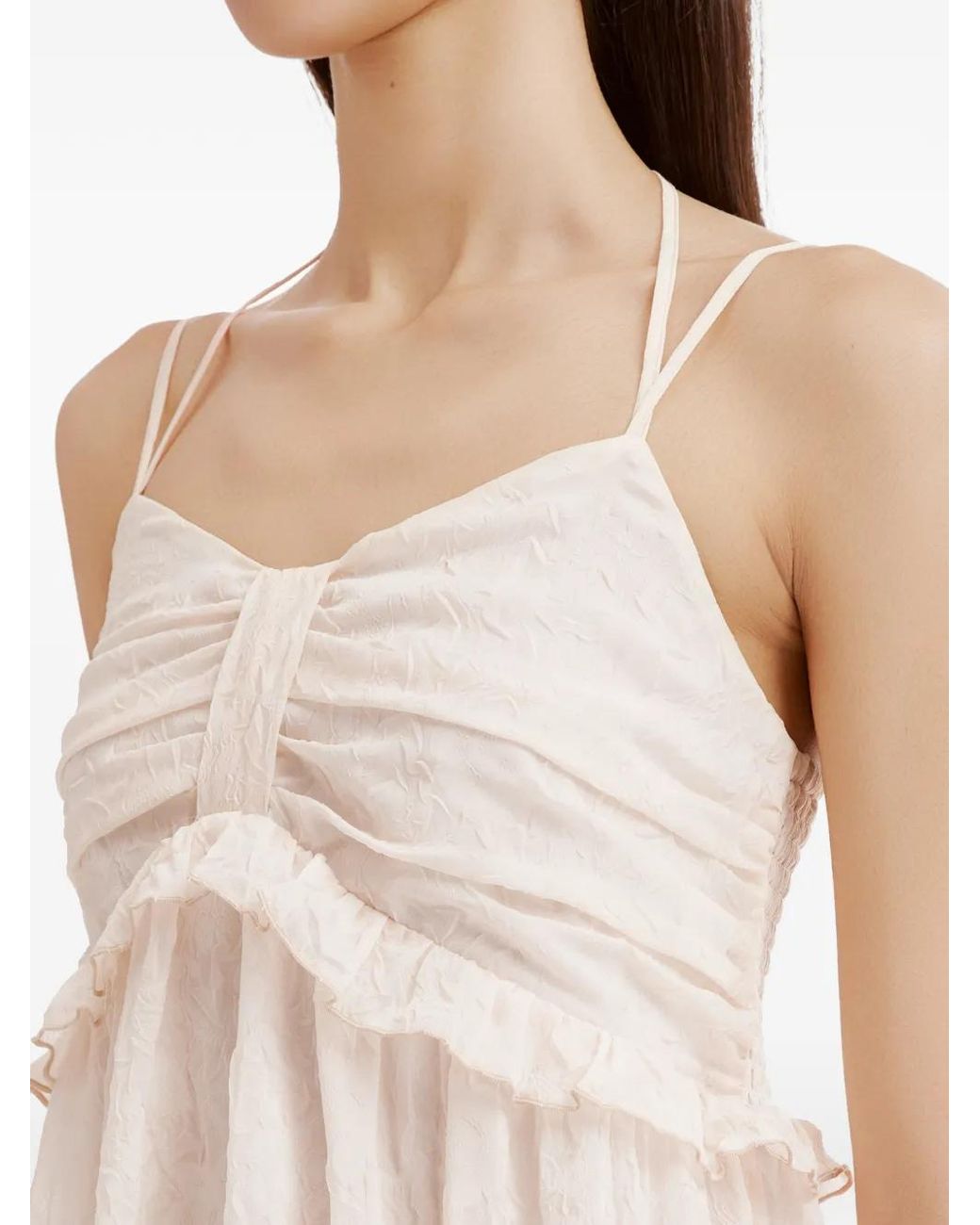 B+ AB White Ruffled-Trim Asymmetric Dress