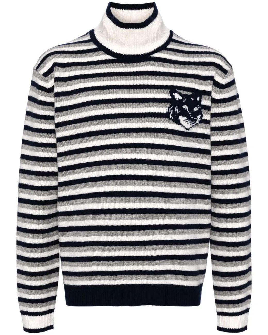 Maison Kitsuné Blue Fox Head Intarsia Striped Jumper for men