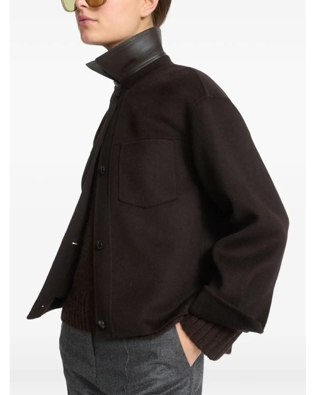 Yves Salomon Black Veste À Col En Cuir Et Poche Plaquée