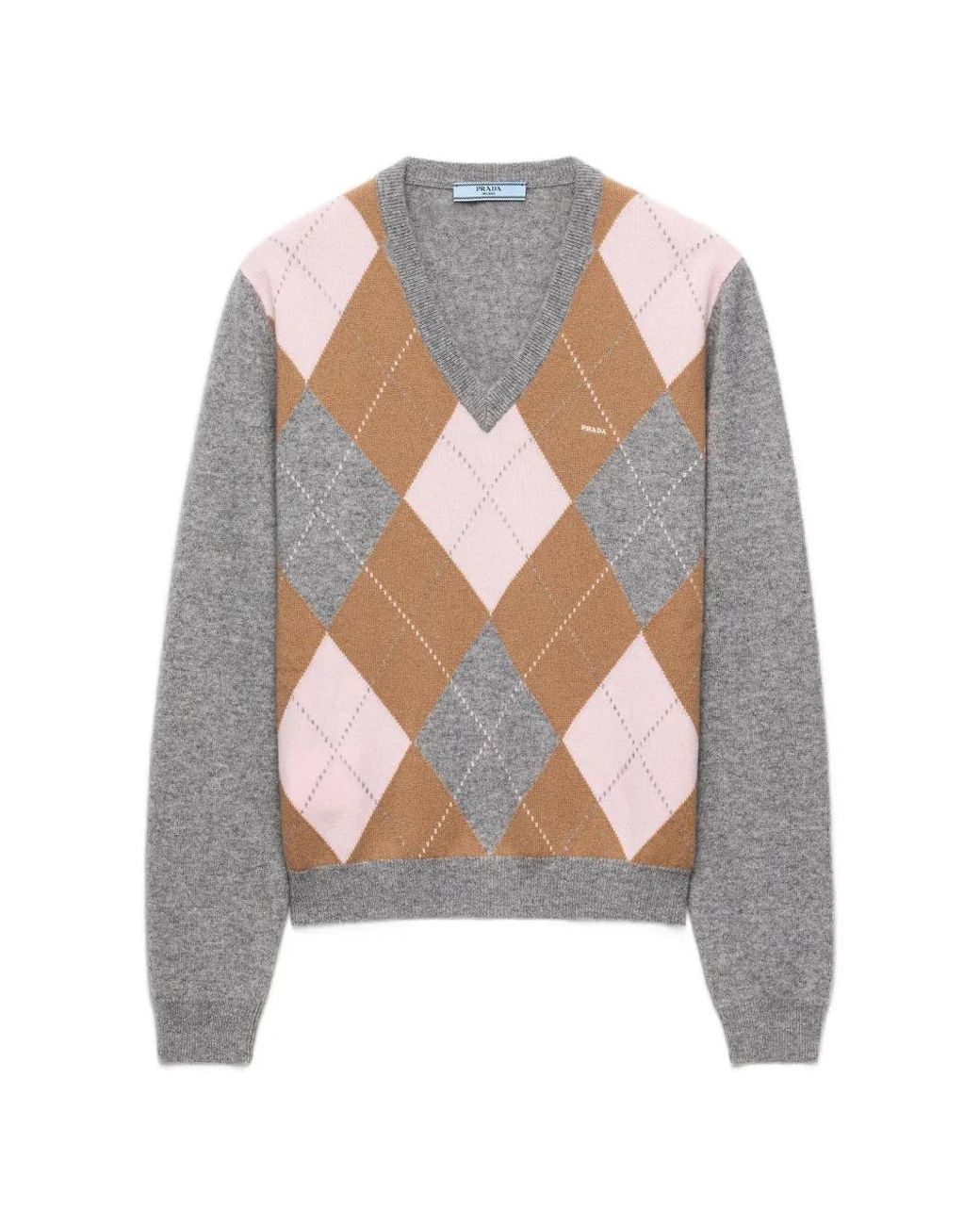 Prada White Argyle Cashmere V-Neck Sweater